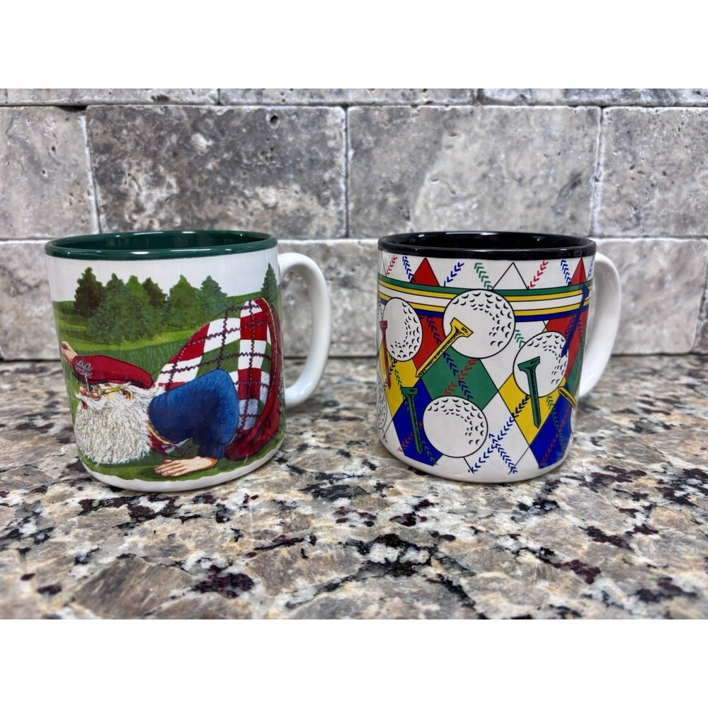 Vintage Golfing Santa 1994 Golf Ball Tee 1992 Coffee Mug Cup Set Of 2